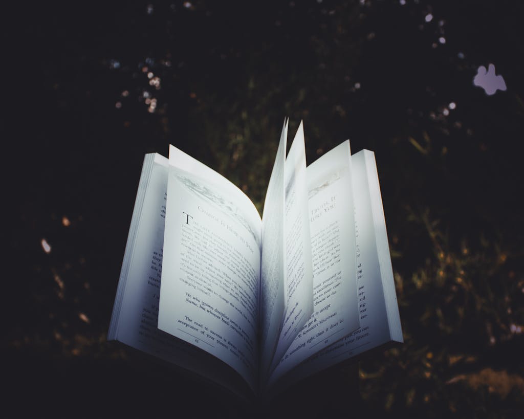 An open book with pages turning, captured outdoors, creating a dreamy reading atmosphere.